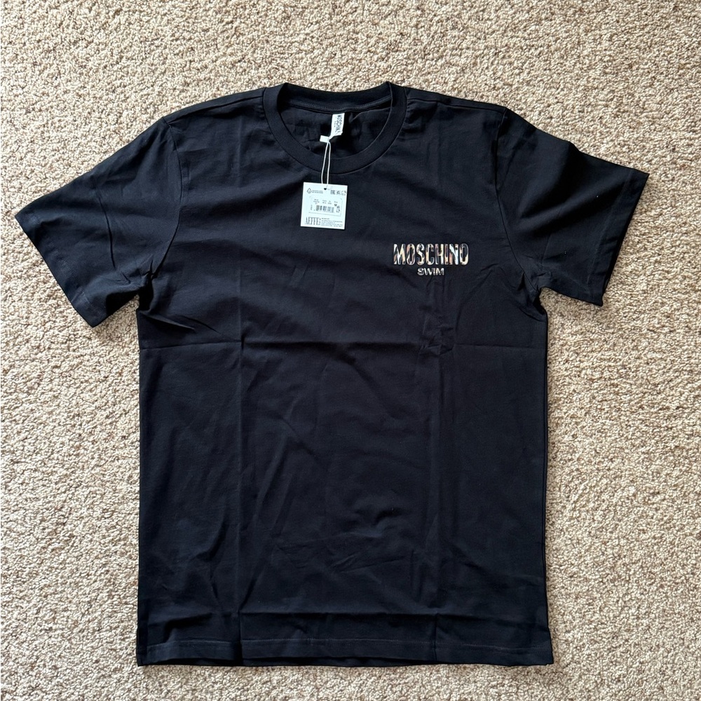 Moschino Swim Black T-Shirt with Leopard Print Logo Size Medium